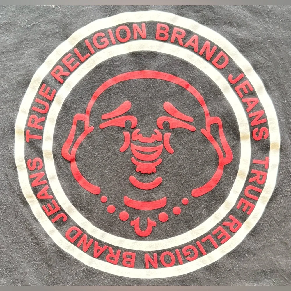 True Religion Men's Black T-Shirt with Red Buddha Logo Size XL